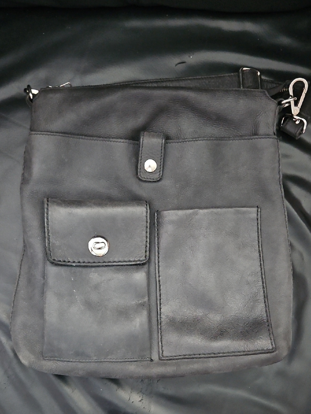 Roots The Villager Tribe 100% Leather Crossbody Charcoal Bag  Slim Front Pockets